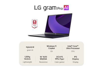 LG gram Pro 16 Notebook mit Intel Core Ultra 7, NVIDIA RTX 5050 und 16 Zoll WQXGA Display